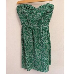 Rebecca Taylor Green Silk Ruched‎ Strapless Mini Dress Size 8 Smocked